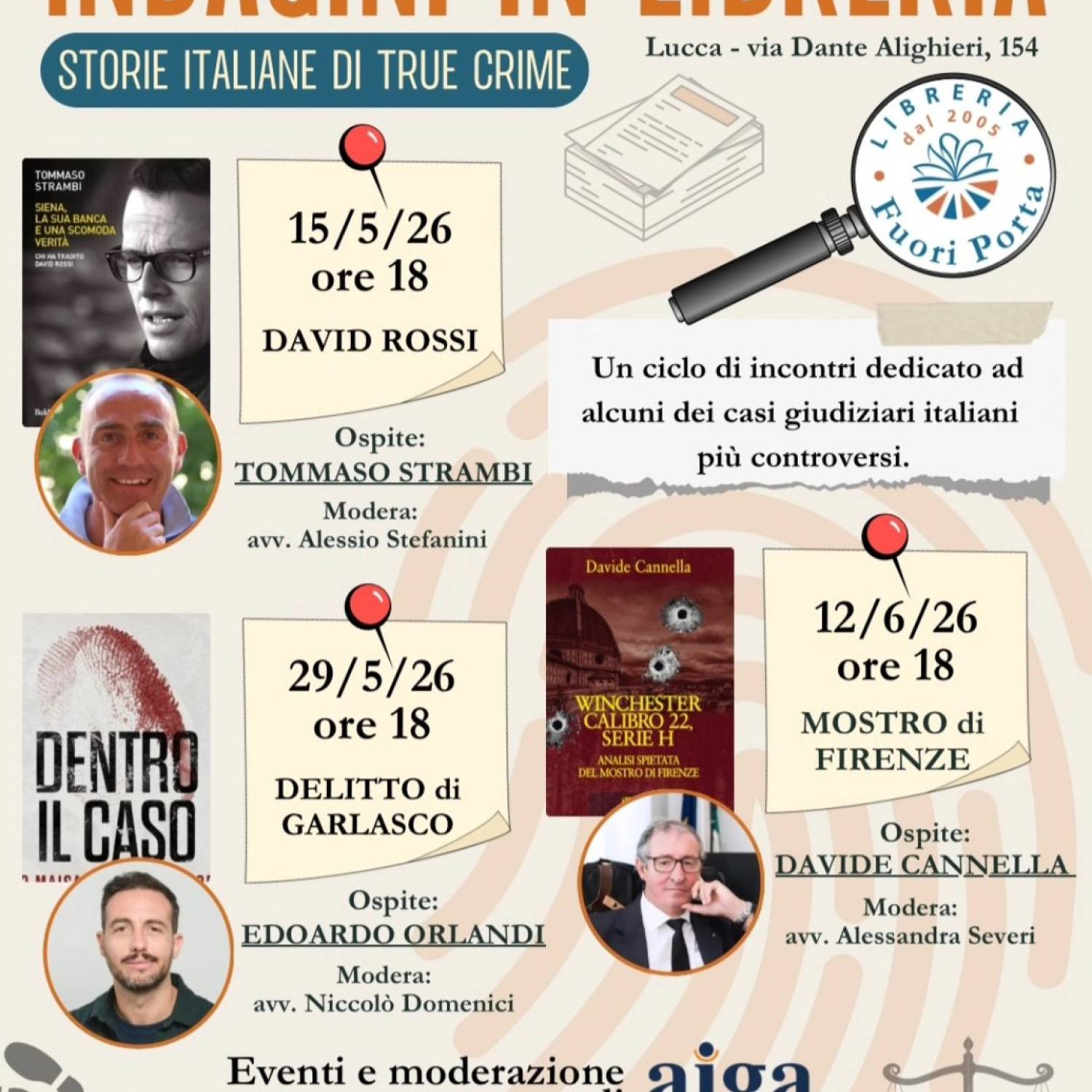 Indagini in libreria: a Lucca il True Crime incontra il diritto. Al via la rassegna di AIGA
